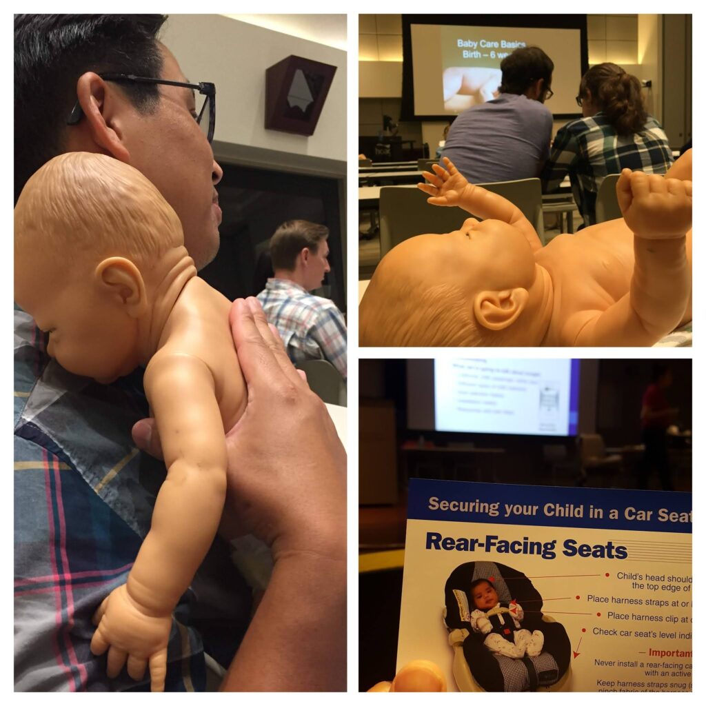A new father attending a baby care class to learn about family risk management.