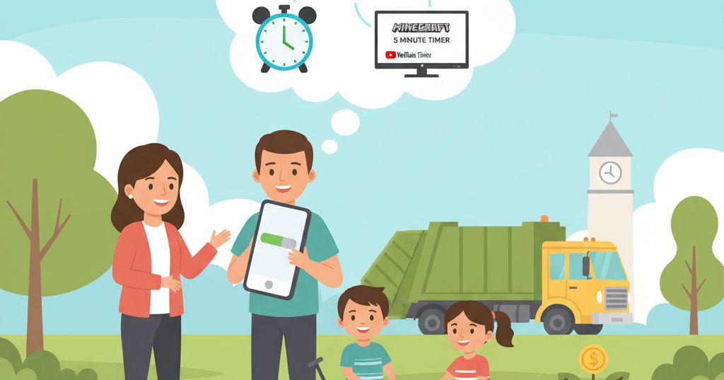 A cartoon family in a park, with thought bubbles showing an alarm clock, a calendar for trash day, and a YouTube Minecraft timer, illustrating diverse visual timer methods.